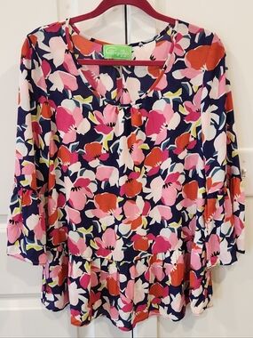 Pappagallo Navy Floral Ruffle Hem Blouse - Pink, Coral & White